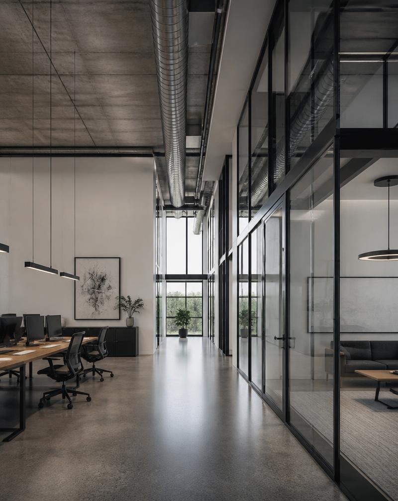 Modern architectural office interior with glass and steel detailing
