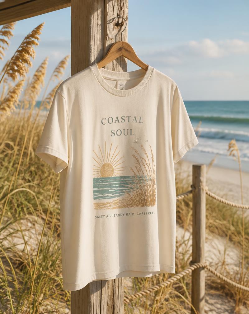 Soft cotton graphic tee on a wooden hanger beside sea oats and dunes