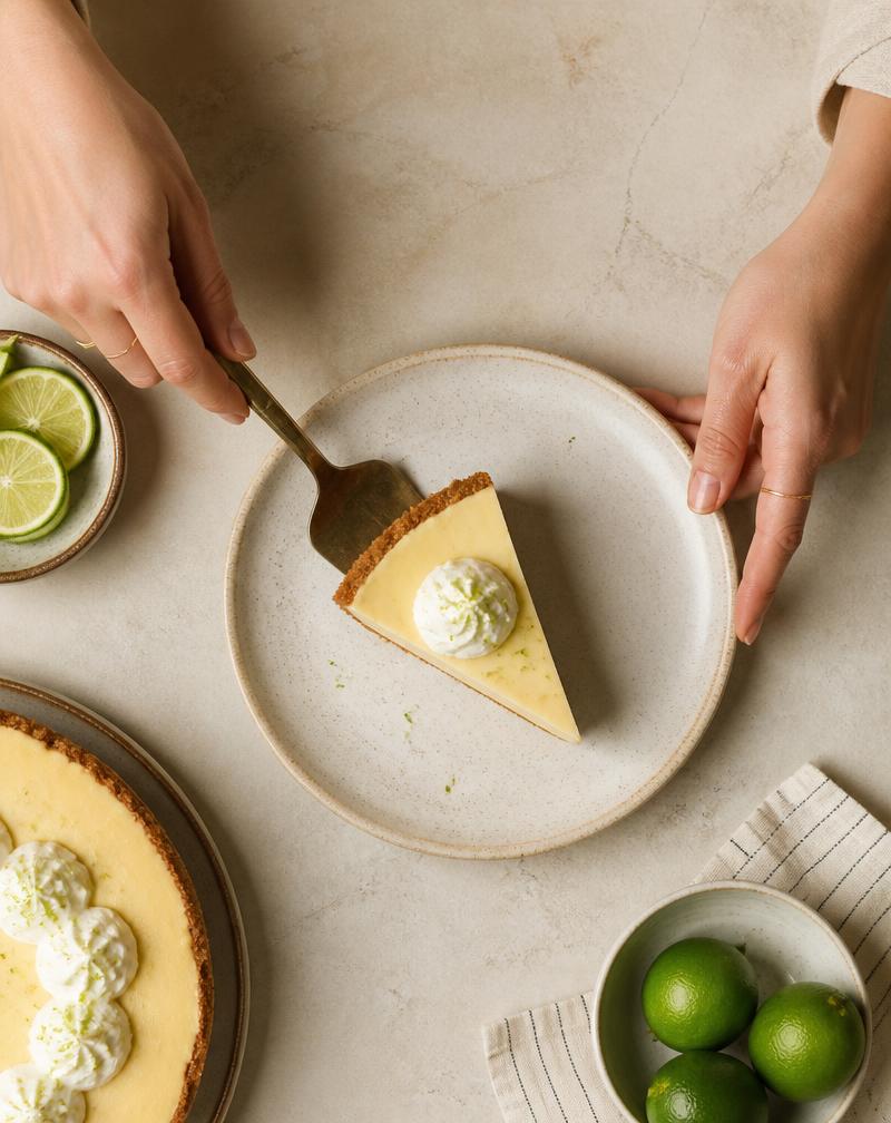 Overhead view of a key lime cheesecake slice being plated